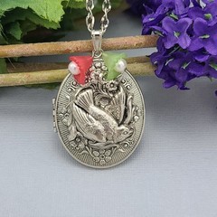 Ox Silver Large Oval Locket with Bird Keepsake Photo Locket