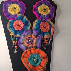 Multicolor Fabric Flower Bib Statement Necklace with Beads