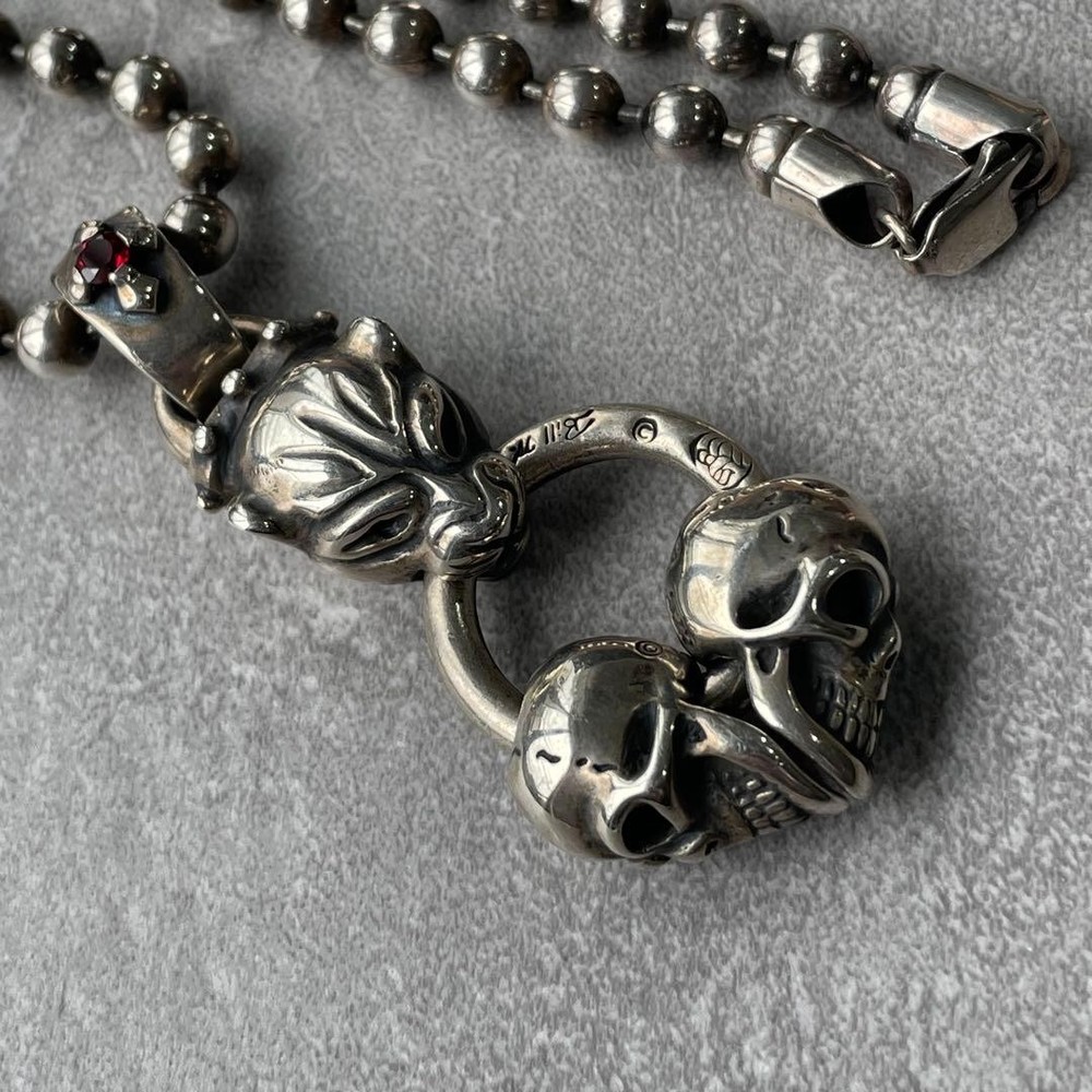 BWL Bill Wall Leather Panther with Ring Double Skull Pendant Ball Chain Necklace