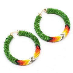 Handmade beaded 2 inch Green Native style hoop earrings