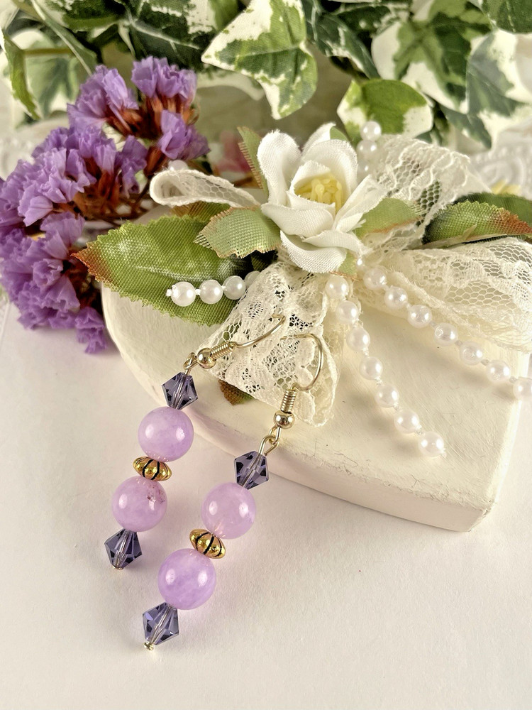 Purple Crystal Gemstone Gold Hook Earrings Handmade Artisan Trendy Style Jewelry