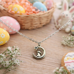 Bunny Moon & Star Charm Necklace – Silver – Flat Oval Cable Chain -Lobster Clasp