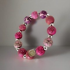 Pink Clay Large Beaded Stretch Bracelet Silver Charm Boho Chic Jilzara VGUC