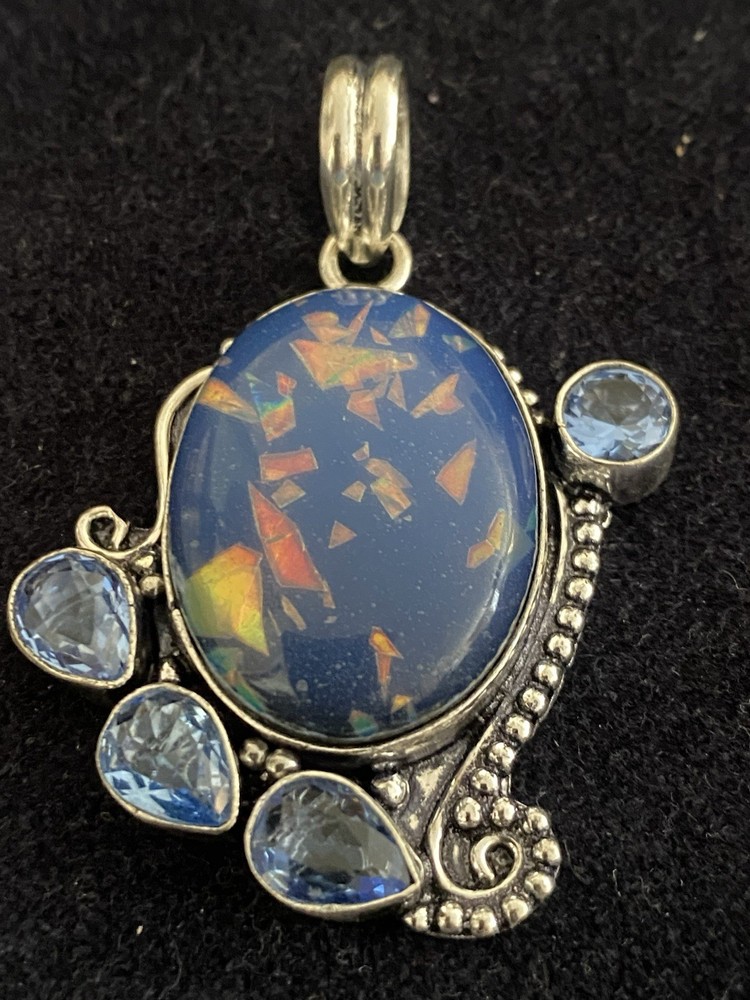 Artisan Dual Stone Doublet Opal & Blue Topaz Gemstone Pendant Silver 925 SALE!!