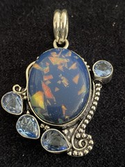 Artisan Dual Stone Doublet Opal & Blue Topaz Gemstone Pendant Silver 925 SALE!!