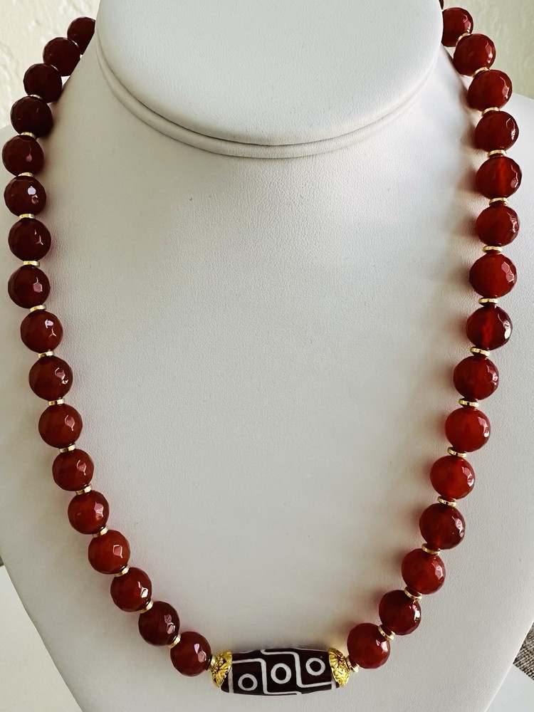 Genuine Carnelian 10mm Faceted Beaded Necklace w/ Tibetan Dzi Center Bead