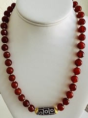Genuine Carnelian 10mm Faceted Beaded Necklace w/ Tibetan Dzi Center Bead