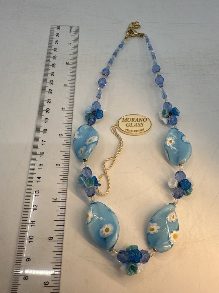 Murano Glass Beaded Necklace Blue Floral Millefiori Italy Statement (Z5)
