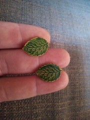 Hand Painted Enamel Green Yellow Detailed Leaf Leaves Screwback Backing Earrings