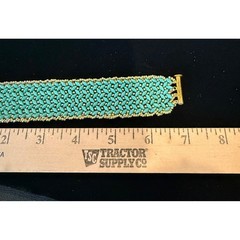 Handmade Women 7″ Beaded Cuff Bracelet Turquoise Gold Woven Slide Clasp Western