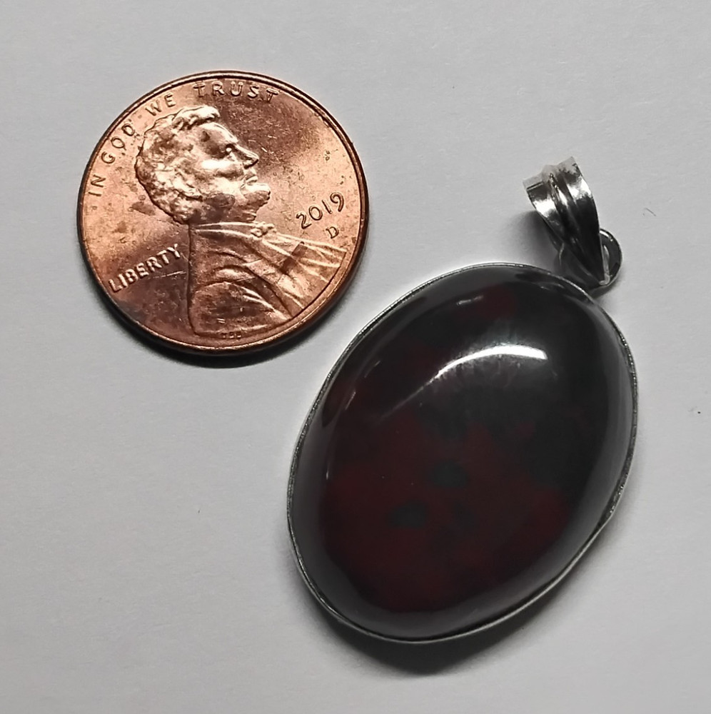 Dark Green and Red Bloodstone Pendant. Set In Handmade Rhodium Plated Mounting