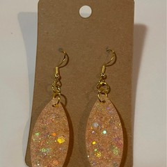 Handmade epoxy resin marquis shape dangle earrings-peach w/ holographic glitter