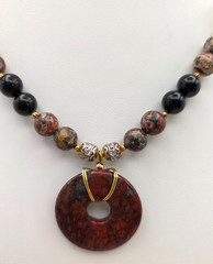 Jasper Black Onyx Donut Pendant Beaded Statement Necklace Gold Tone