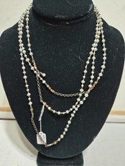 Super Long 60″ Handmade Necklace Faux Pearl And Glass Beads Dainty Copper Accent