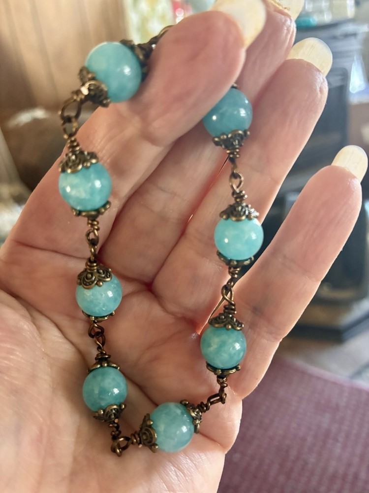 Blue Quartz , Wire Wrapped Stone Bracelet In bronze with Antiqued Spacer Beads