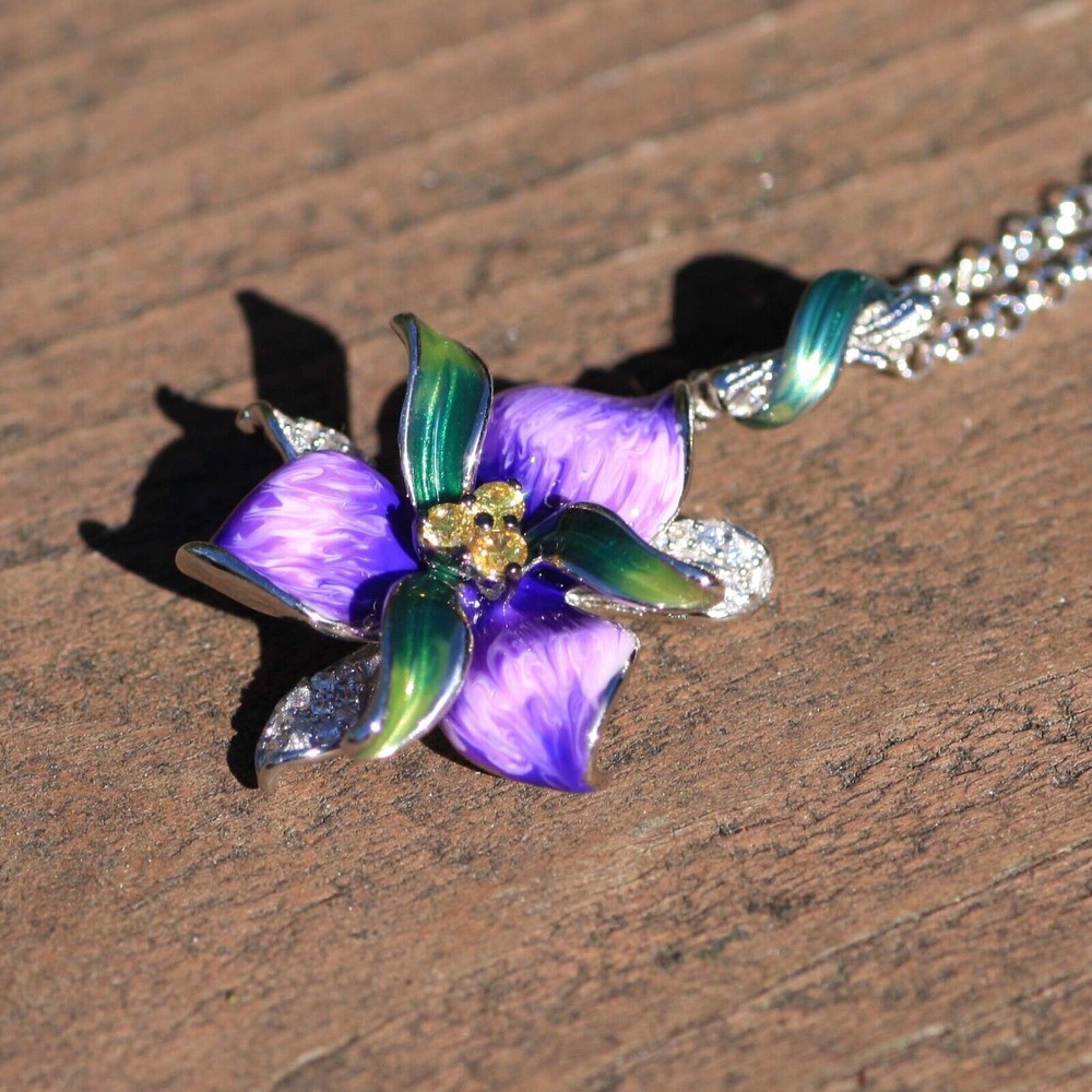 Purple Orchid Flower Enamel Pendant Sterling Silver 925 , 14th Anniversary