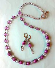 PURPLE/LAVENDER JASPER frosted & clear crystal Bronze necklace set LEVERBACK