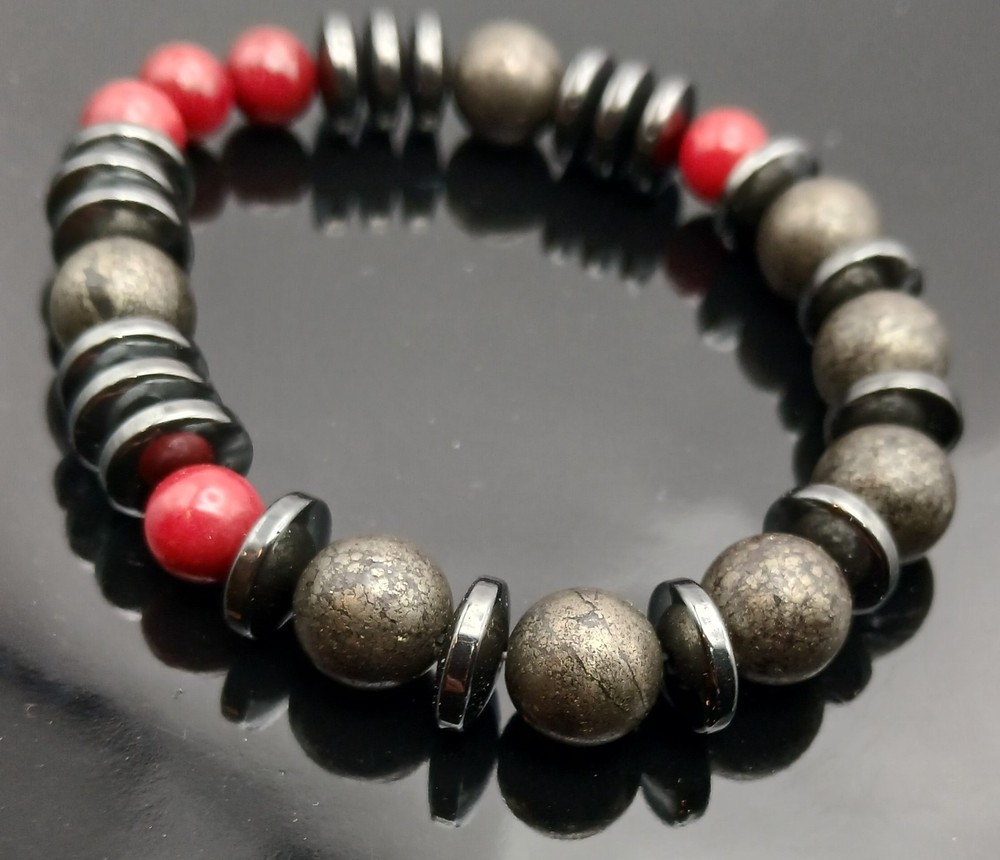 Unisex Matte Hematite Polished Hematite Cinnabar Beaded Bracelet