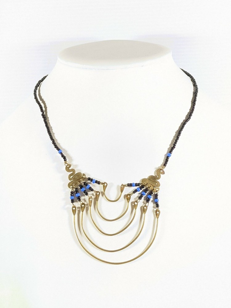 Artisan Brone Tone Black Beaded Layered Bar Chain Drape Necklace 16 in Tribal