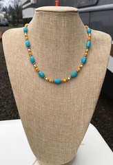 Necklace of Turquoise and White Magnesite Stone Orange Shell and Gold Tone Beads