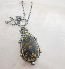 Rare Blackjack Turquoise, Mixed-Metal Artisan Statement Necklace in SS with 18kt