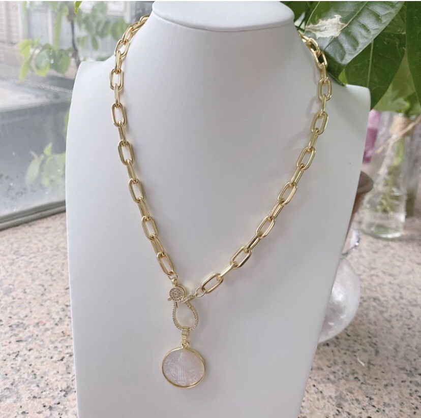 Religious Mother of Pearl Virgin Mary Pendant on Gold Link Chain Necklace