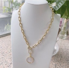 Religious Mother of Pearl Virgin Mary Pendant on Gold Link Chain Necklace