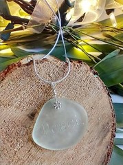 Engraved Inspirational «PEACE» Aqua Blue Sea Glass Pendant Snake Chain Necklace