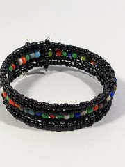 Artisan Colorful Black Bead Memory Wire Open Cuff Bracelet Tribal Style