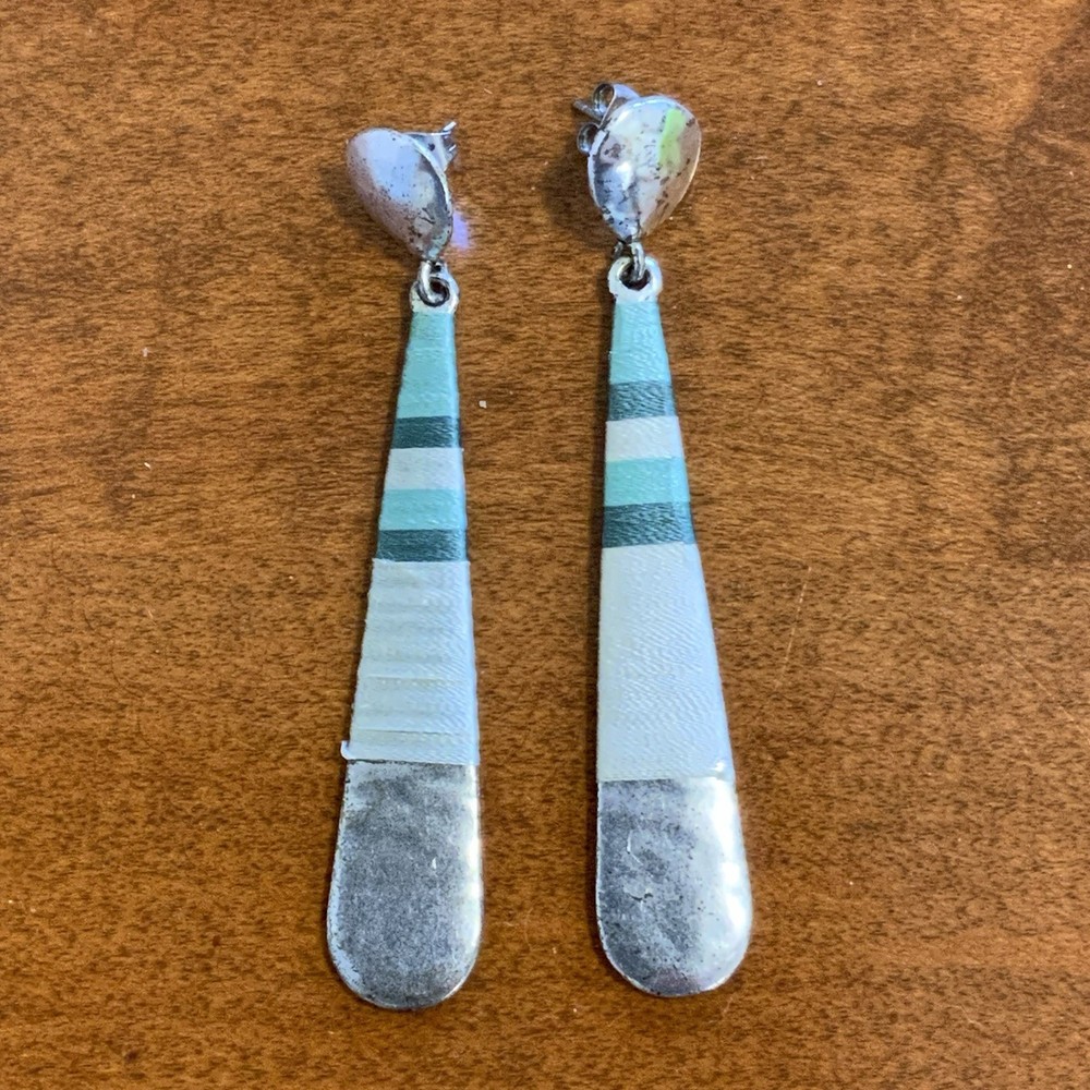 Vintage Handmade Boho Drop Earrings Butterfly Post Thread Wrapped Stripes 3”