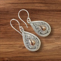 Dangle Teardrop Earrings w Sterling Silver 925 and 18K Gold accents. Hook Clasp.