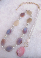 2 Genuine Purple-ish & Dyed Pink Agate Necklaces w Cats Eye Chips Pearl Crystals