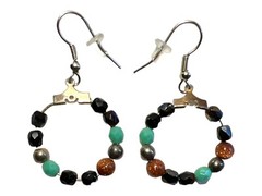 Handmade Beaded Drop Hoop Earrings .5″D Black & Green