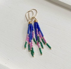 NEW 14k Gold Filled Handwoven Tassel Earrings Blue Pink Green Beaded Earrings