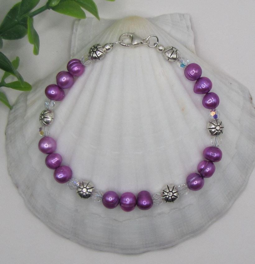 Hot Pink Freshwater Pearl Bracelet, AB Crystal, Pewter Flower Beads, Gift Box