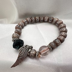 Vintage 80s Spotted Seed Bodhi Bead Bracelet Silver Tone Wing Charm Zen Jewelry