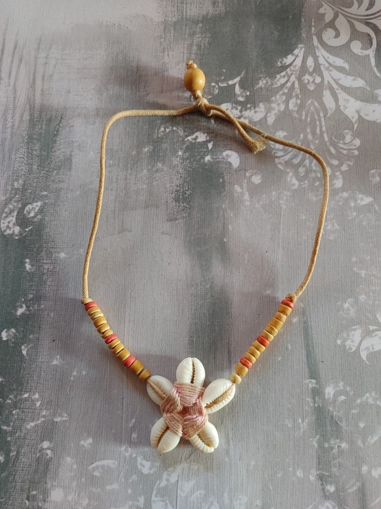 Vintage Necklace cowrie shell beads flower shape woven tie-on cord no metal