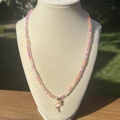 Pink, Orange, white beaded necklace with flamingo charm Homemade NWT