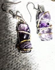 Handcrafted Wire Wrapped Amethyst Dangle Hook Earrings Bohemian Purple Silver