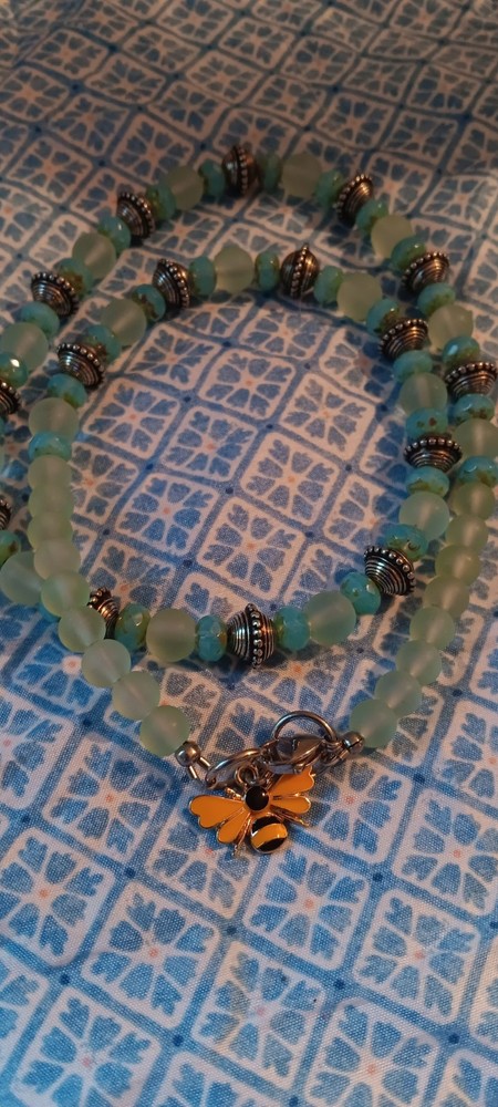 Handcrafted Beaded Necklace with Butterfly Charm, Green Yellow Glass Beads
