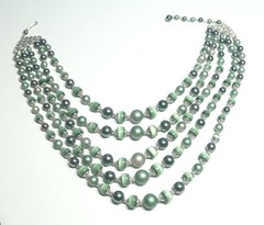 VTG 5 Strand Shades of Green Cats Eye- Faux Pearl Graduated Bead Necklace-Japan
