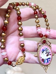 LOVELY Gold-Fill Rhodochrosite, Carnelian, Pearl Victorian Dove, Floral Necklace