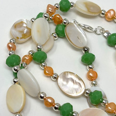 Handmade Beaded Necklace Bracelet Set White Shell Peach Pearls and Green Glass