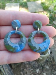 Handcrafted Polymer Clay Resin Silver Dangle Earrings Round Blue Green Gray