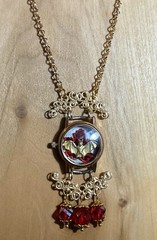 Bat Necklace- Bat On Red Leaf In Watch Case, Red Glass Beads, Gold Tone, 18-20”