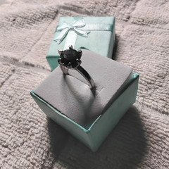 Black Onyx Gemstone Solitaire Ring. Prong Set. Rhodium Plated Mount Size 6.5