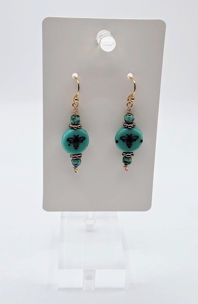 Dangle Earrings Czech Glass Brass GF Hooks Bee Coin Boho USA