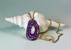 Med Faux Amethyst Geode Slice Polymer Clay Handmade Pendant Necklace SS Chain