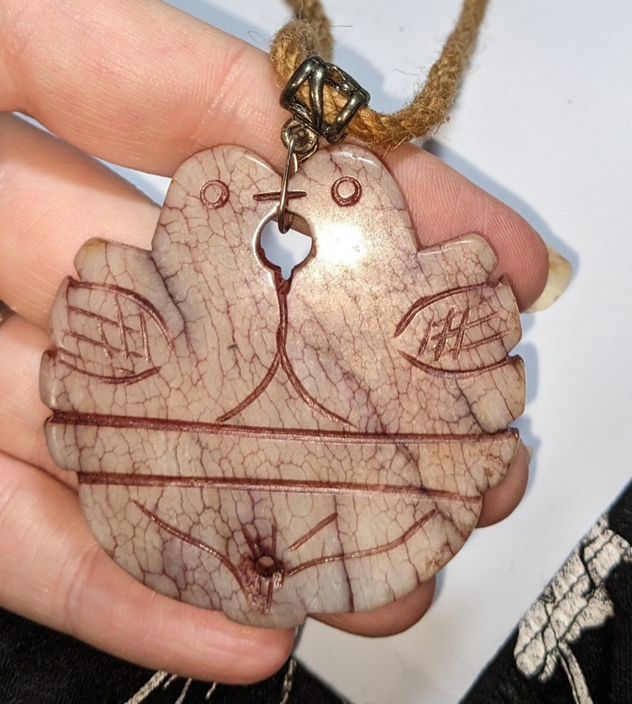 Carved Love Birds Stone Pendant Necklace Rustic Boho Folk Art Cord Necklace