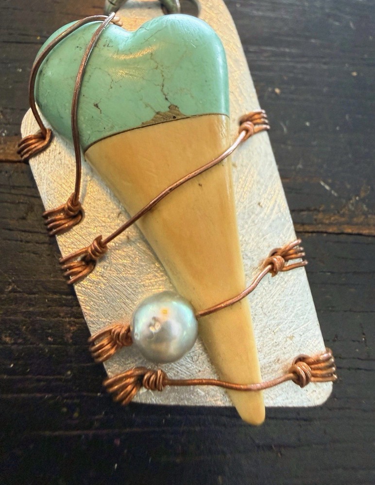 Blonde Shark Tooth Pendant Turquoise Wrapped Copper Handmade Artisan Signed